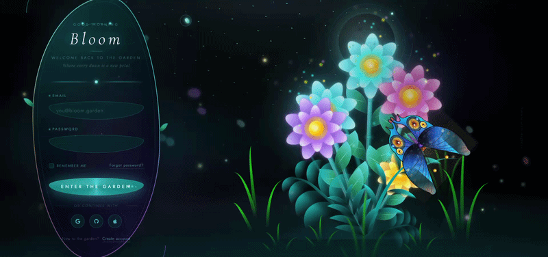 Animated Blooming Flower Login Page – butterfly, fireflies, aurora, 5 blooming flowers HTML CSS JS free download